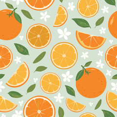 Seamless pattern with whole oranges, slices, green leaves, and white blossoms on a pastel background. Fresh citrus summer design in minimal clean hand-drawn retro style.