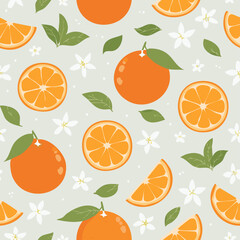 Seamless pattern with whole oranges, slices, green leaves, and white blossoms on a pastel background. Fresh citrus summer design in minimal clean hand-drawn retro style.