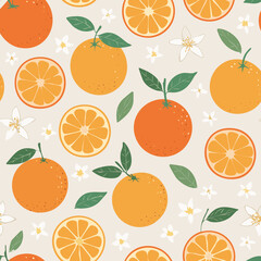 Seamless pattern with whole oranges, slices, green leaves, and white blossoms on a pastel background. Fresh citrus summer design in minimal clean hand-drawn retro style.