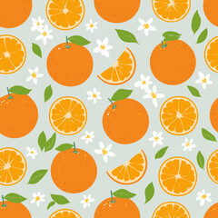 Seamless pattern with whole oranges, slices, green leaves, and white blossoms on a pastel background. Fresh citrus summer design in minimal clean hand-drawn retro style.