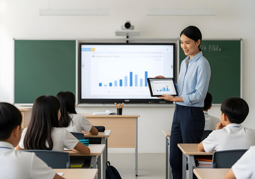 Teacher presenting data chart on tablet to classroom of students including autistic child boy in formal learning environment with digital screen and chalkboards - Powered by Adobe