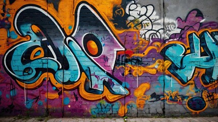 Obraz premium Colorful graffiti art on a brick wall with vibrant blues oranges and purples in an urban street setting