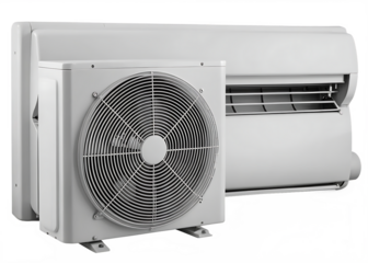 White heat pump compressor unit with fan isolated on a transparent background outdoor