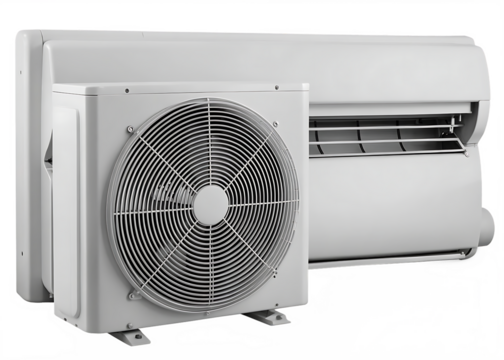 White heat pump compressor unit with fan isolated on a transparent background outdoor