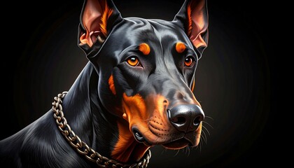 Portrait of a magnificent Doberman dog with striking colors on a black backdrop