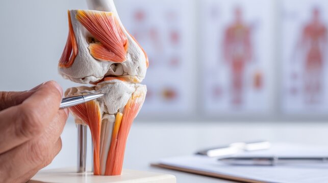 The detailed anatomical model of a human knee joint showcasing muscle structure.