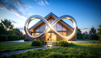 Infinity shaped modern home at dusk