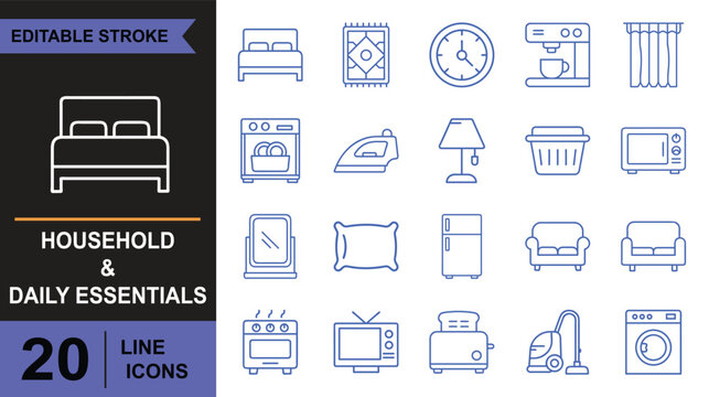 Household and Daily Essentials Editable Line Icons Set Collection of 20 editable stroke line icons featuring common household and daily essential items, perfect for home-related design projects
