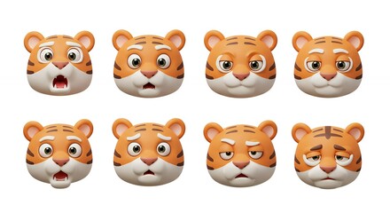 Fototapeta premium Cartoon tiger heads set with different emotions