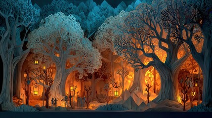 Enchanted Forest Village at Night Blue and Orange Hues