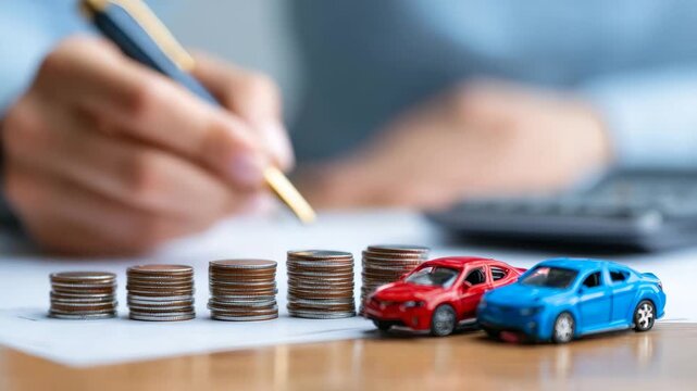 Car finance and loan saving plan with budget and growing coin stack