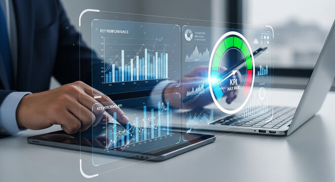 Photo of a businessman analyzes financial data and key performance indicators on a futuristic digital interface
