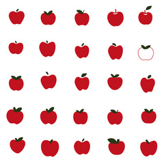 a number of red apples with green leaves