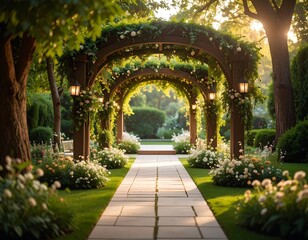 Fototapeta premium A sunlit garden path with arches