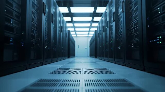 Data Center Aisle: Server Racks and Network Infrastructure