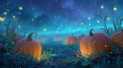 Fototapeta premium Enchanted Pumpkin Field at Night Under a Starlit Sky