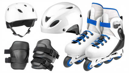 White inline skates helmets knee pads wrist guards isolated on a transparent background