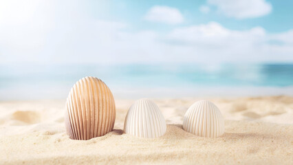 Obraz premium Golden Sand with Seashells and Soft Ocean Background 