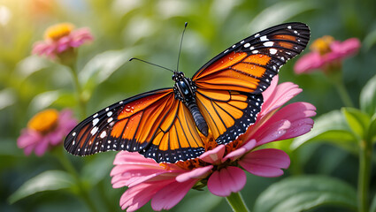 Fototapeta premium Vibrant monarch butterfly resting on a pink zinnia flower in sunlight