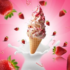 Strawberry Ice Cream Cone with Splash of Milk