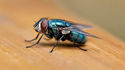 Fototapeta premium Close up macro shot of a metallic green fly with red eyes on a wooden surface