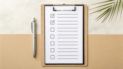 Clipboard with checklist and pen on a two tone surface with palm leaf accent