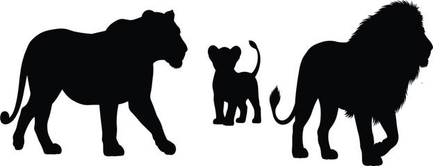 Silhouette of Lion Family in African Safari, Majestic Male, Protective Lioness, Playful Cub, Wildlife Photography, Nature, Animal Pride