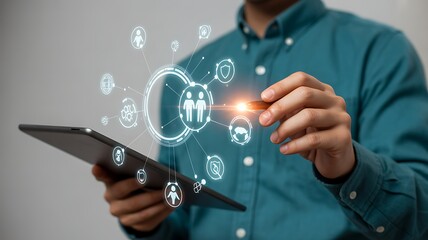 Person using tablet with digital network of people and security icons technology