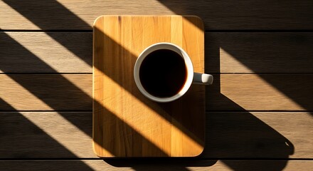 Overhead view of a cup of coffee on a wooden board with sunlight