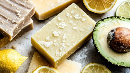 Variety of natural soaps with citrus and avocado.