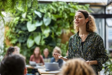 Engaging presentation by a woman in a greenery-filled workspace during a collaborative meeting