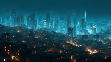 Fototapeta premium A futuristic city at night where outdoor lighting is powered by bioluminescent organisms to save energy.