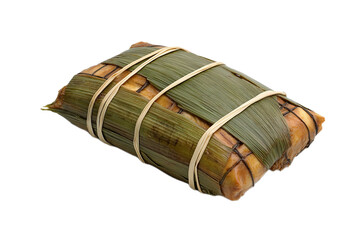 Delicious zongzi wrapped in bamboo leaves, tied up on transparent background