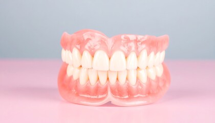 Obraz premium Artificial teeth on a pink and gray background