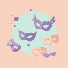 Pastel-colored masquerade masks with geometric designs in a light mint green and peach background. Floating masks in different shades of purple and peach against a light pastel background.