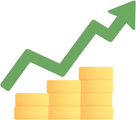 an image that shows increasing profit in business. A green arrow represents the upward growth, next to the golden stacked coins
