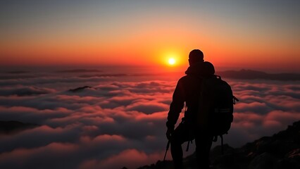 Silhouette of a mountain climber at sunrise, embodying adventure and the spirit of exploration.