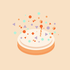 Geometric cake podium with celebratory confetti in pastel colors. Abstract display with confetti exploding around a tiered, round, light beige podium.
