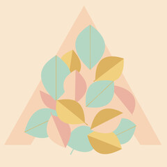 Pastel leaves arranged in a triangular pattern on a beige background. Abstract, decorative arrangement of leaves in soft colors for design or editorial use.