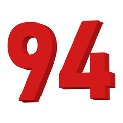 3D Red Number 94 Text Vector on White Background

