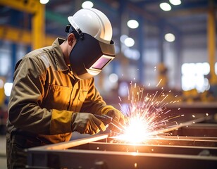 Welder in a factory, sparks fly as he works