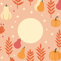 Autumnal seasonal graphic with pumpkins, gourds, and leaves on a pale peach background. Empty center space perfect for text or branding. A general autumnal design for various uses.