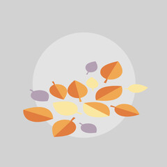 Autumnal leaves in various shades of orange, yellow, and purple against a light gray background. Colorful falling leaves arranged in a circle.
