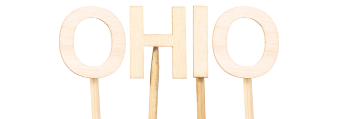 Ohio in large, spaced wooden letters, a modern visual for geographic content, DIY signage, or graphic resources focused on the American Midwest