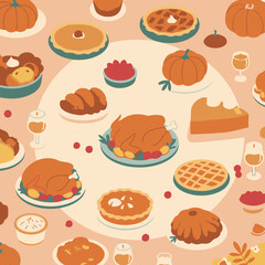 Thanksgiving feast displayed on a table with various dishes. Colorful autumnal foods are arranged artistically around a circular table setting, with a warm and inviting atmosphere.