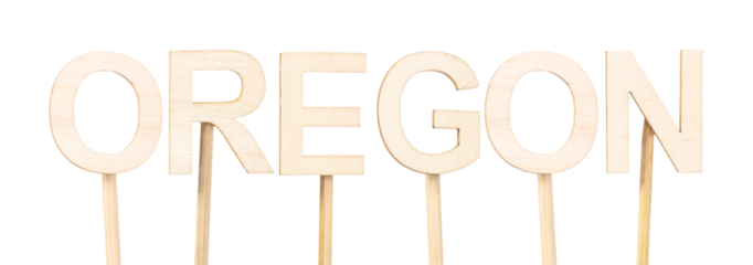 Wooden letters spelling out the word Oregon, a useful conceptual image for tourist posters, educational infographics, or artisanal branding related to the US states