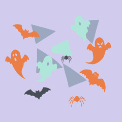 Halloween themed graphic design featuring ghosts, bats, and spiders in various pastel colors. Silhouette shapes on a light purple background with geometric triangles.