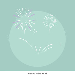Pastel fireworks celebration graphic design for Happy New Year. Simple, stylized fireworks in various pastel colors against a soft mint green background with a circular light effect.
