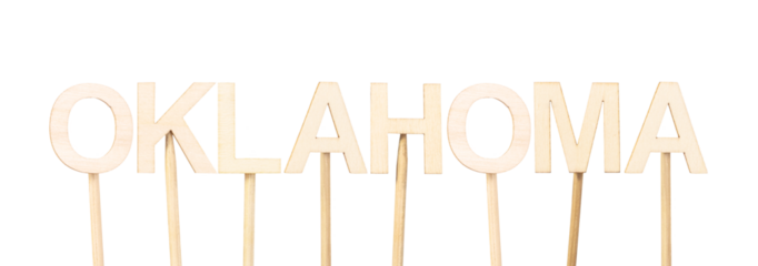 Name of the state of Oklahoma in wooden typography, ideal for cultural projects, school art, or thematic illustrations about American identity and traditions
