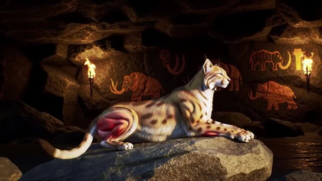 Majestic saber-toothed cat resting on a rock in a prehistoric cave adorned with ancient mammoth paintings.